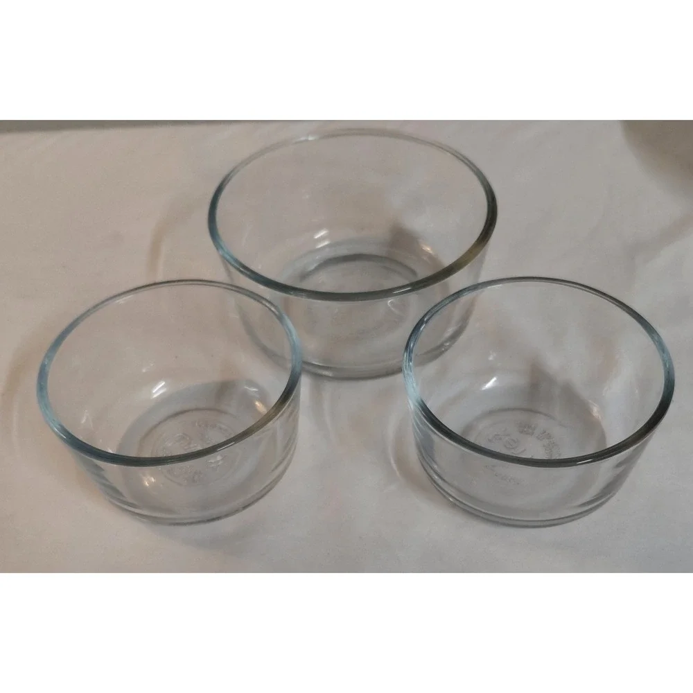 Vintage Pyrex Clear Glass Storage Dishes Round Lot of 3 Cups 7200 7201 USA